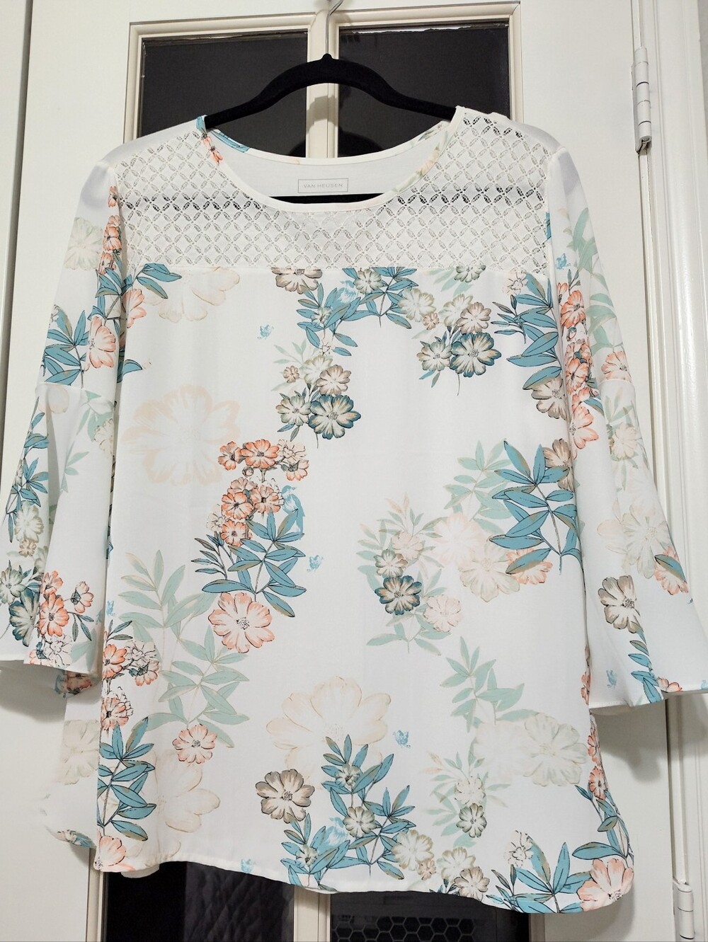 Van Heusen Lace Yoke Floral Blouse in Cream, Teal, Coral, L